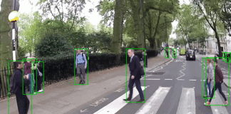 Bounding boxes and ID labels generated during pedestrian tracking