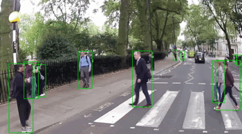 Bounding boxes and ID labels generated during pedestrian tracking