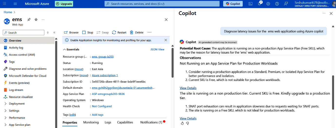 Azure Copilot’s diagnostic output