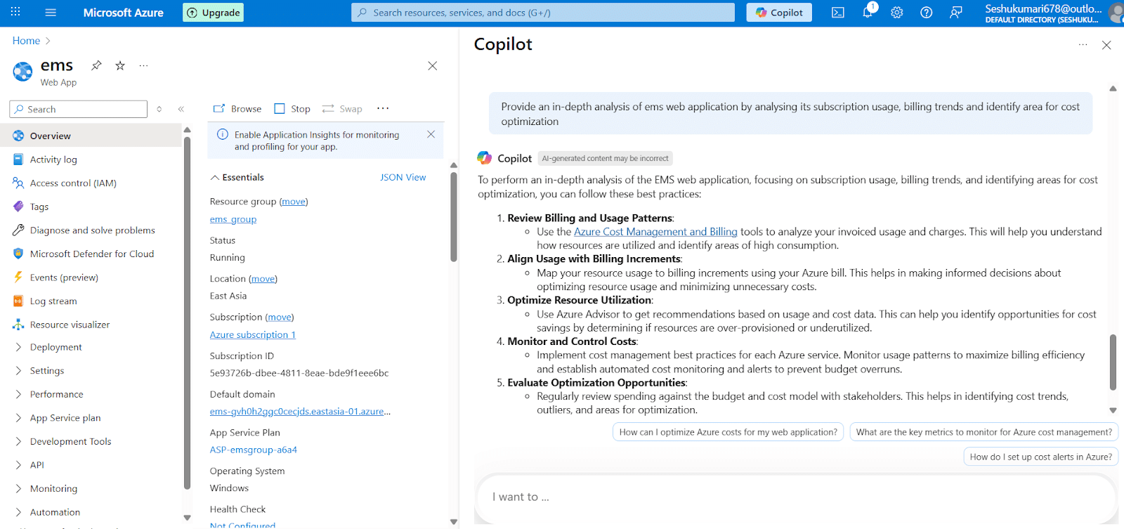Subscription analysis generated by Azure Copilot