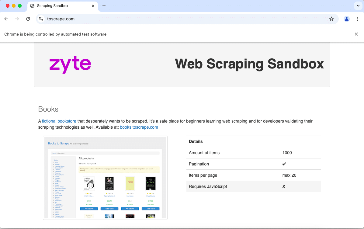 toscrape.com in the browser window