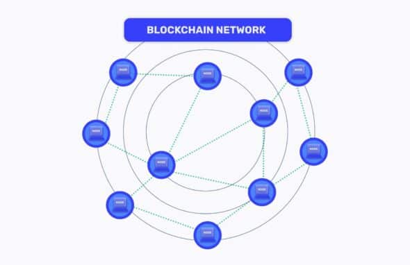 Figure 1: A simplified blockchain network with interconnected nodes maintaining the distributed ledger