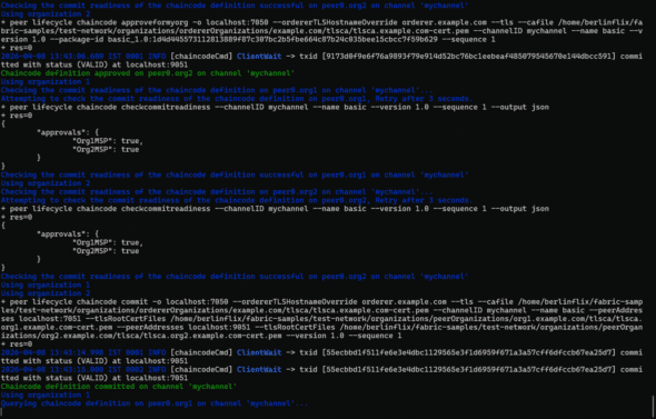 Figure 2: Chaincode approved by both organisations and committed to the channel