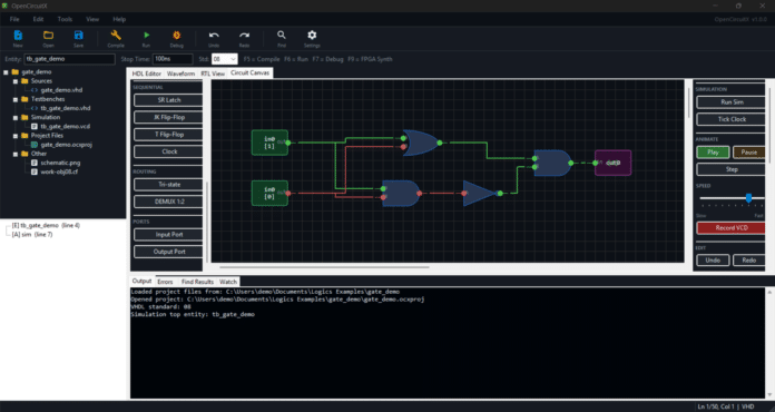 opencircuitx Circuit Canvas: drag-and-drop gates with live simulation feedback on the wires