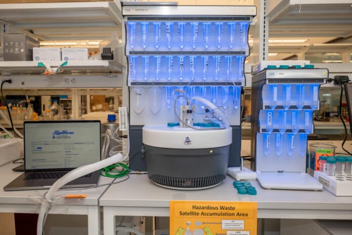 peptide A laptop running PeptiVerse, at left, next to machines used to synthesize peptides, center and at right. Researchers can use PeptiVerse to predict the properties of peptides before incurring the time and expense required to synthesize them. Credit: Sylvia Zhang, Penn Engineering