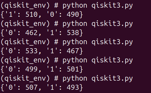 Five successive executions of the program qiskit3.py