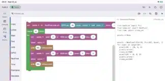 PyBLE app in landscape mode: GPIO 48 NeoPixel Blocks beside the generated MicroPython.