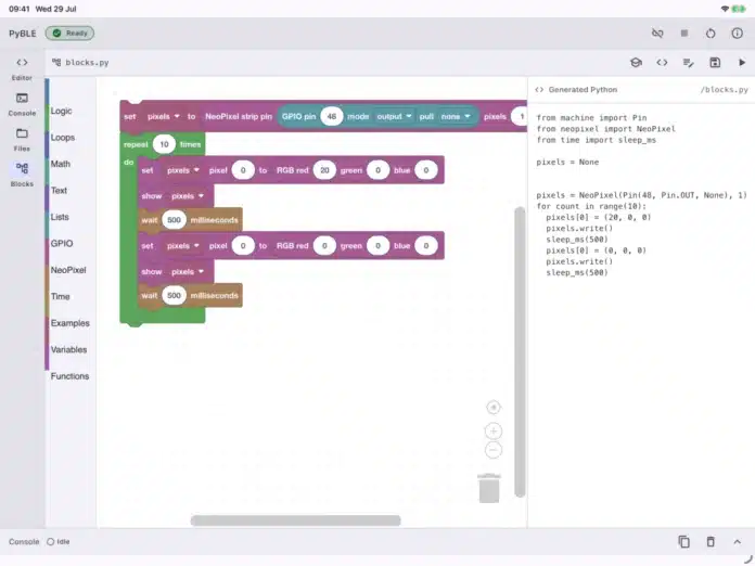 PyBLE-MicroPython-IDE-for-Tablets-1200x900.png PyBLE app in landscape mode: GPIO 48 NeoPixel Blocks beside the generated MicroPython.