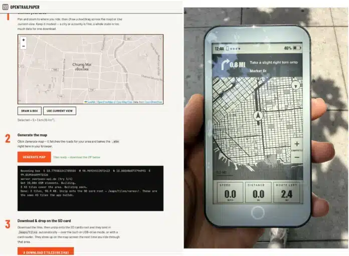 OpenTrailPaper-Map-Generation-Rendering-E-Ink-display Map generation in a web browser (left) and rendering on the E Ink (right)