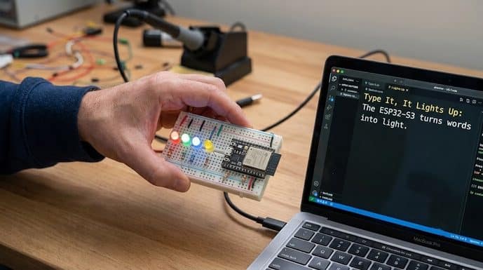 esp32-s3-gpio-llm-breadboard-leds-offline-ai-1-689x385 The esp32-gpio-llm project turns typed English commands into GPIO actions, entirely offline. (Image: AI Illustration)