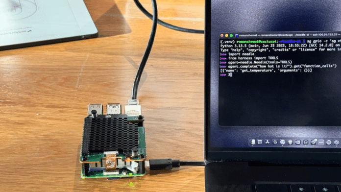 needle-2-raspberry-pi-tool-calling-terminal-demo Needle 2 selecting the get_temperature tool for “how hot is it?”. (Image: Cactus Compute)