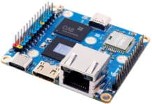 Orange Pi Zero 4 single-board computer showing Allwinner A733 processor, Gigabit Ethernet port, USB-C and GPIO pins