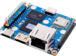 Orange Pi Zero 4 single-board computer showing Allwinner A733 processor, Gigabit Ethernet port, USB-C and GPIO pins