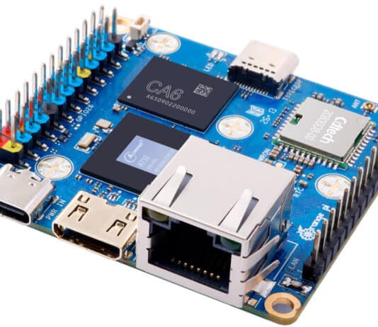 Orange Pi Zero 4 single-board computer showing Allwinner A733 processor, Gigabit Ethernet port, USB-C and GPIO pins