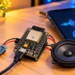 Open-Source Hermes Turns ESP32 Into Voice Assistant An ESP32 board connected to a microphone and speaker for a DIY voice assistant (AI illustrated).