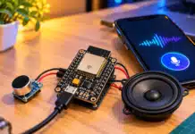 Open-Source Hermes Turns ESP32 Into Voice Assistant An ESP32 board connected to a microphone and speaker for a DIY voice assistant (AI illustrated).