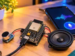 An ESP32 board connected to a microphone and speaker for a DIY voice assistant (AI illustrated).