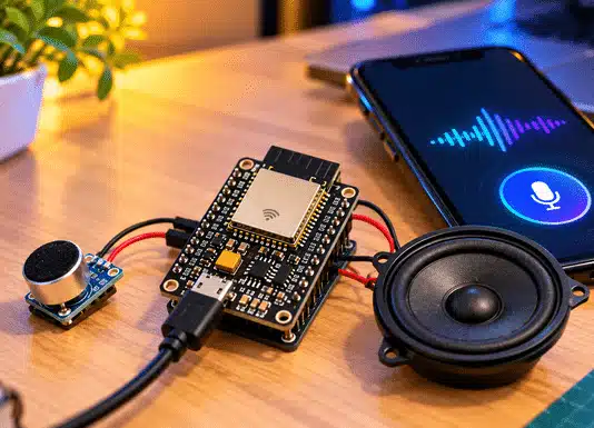 An ESP32 board connected to a microphone and speaker for a DIY voice assistant (AI illustrated).