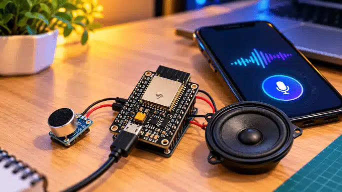 ESP32-Based-DIY-Voice-Assistant-684x385 An ESP32 board connected to a microphone and speaker for a DIY voice assistant (AI illustrated).