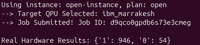 Terminal output obtained after executing qiskit8.py on an IBM quantum processor