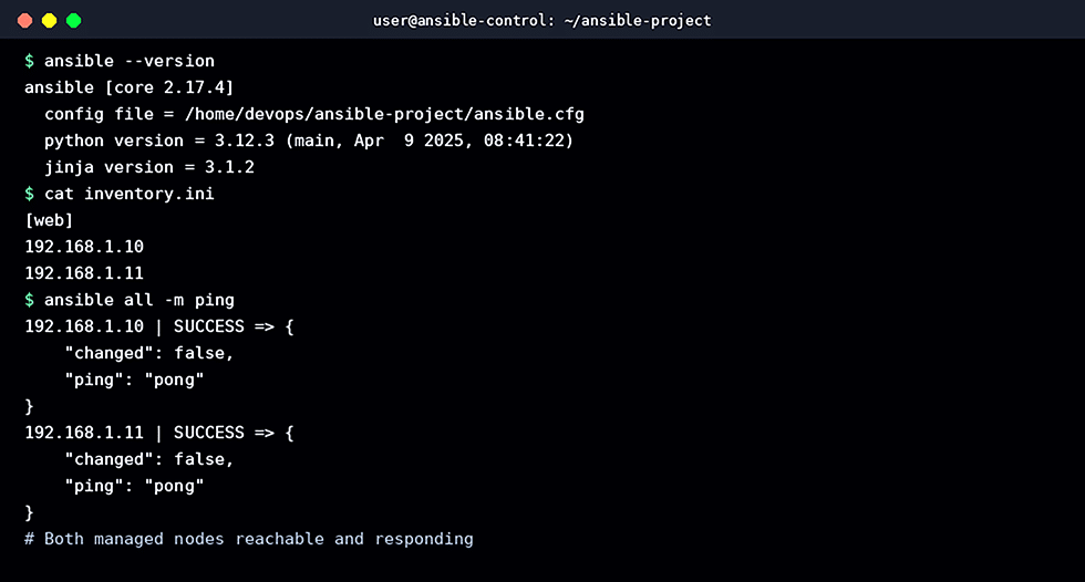 Verifying the Ansible version and confirming connectivity to managed nodes