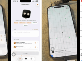 Side-by-side comparison of the iPhone Agent app setup UI and real-time screen coordinate calibration.