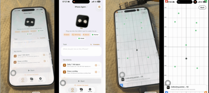 Side-by-side comparison of the iPhone Agent app setup UI and real-time screen coordinate calibration.