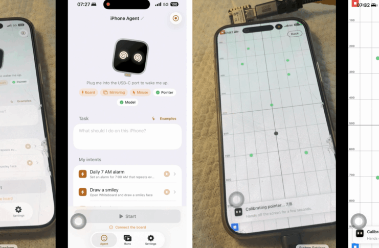 Side-by-side comparison of the iPhone Agent app setup UI and real-time screen coordinate calibration.