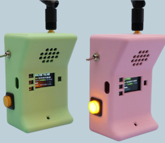 The finished handsets, showing signal strength and “Hold button to talk” on their displays. (Image: Liz Clark / Adafruit)