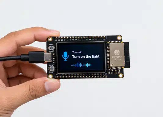 Live captions and voice-control demos run without an internet connection. (AI illustration)