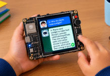 The board displays each question and answer on its touchscreen while speaking the response aloud. (AI illustration)