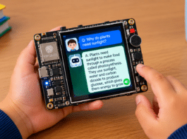 The board displays each question and answer on its touchscreen while speaking the response aloud. (AI illustration)
