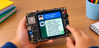 The board displays each question and answer on its touchscreen while speaking the response aloud. (AI illustration)