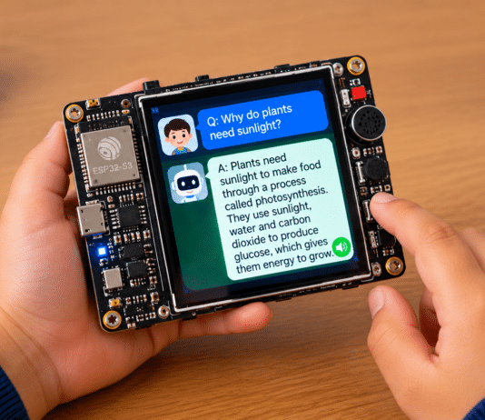 The board displays each question and answer on its touchscreen while speaking the response aloud. (AI illustration)