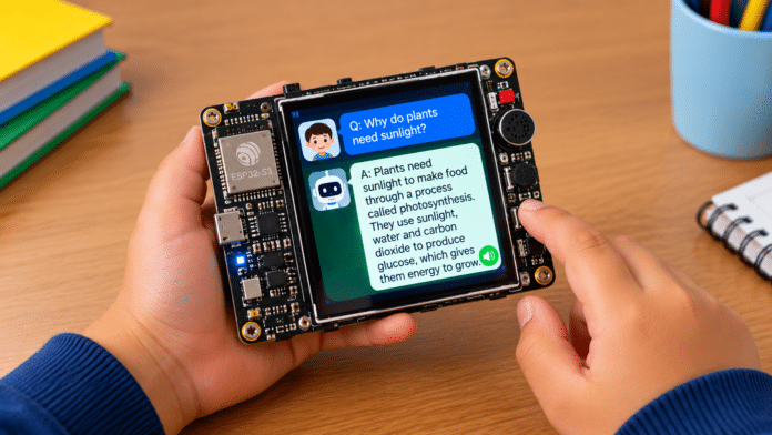 ivy-ai-esp32-s3-tutor-screen-closeup The board displays each question and answer on its touchscreen while speaking the response aloud. (AI illustration)