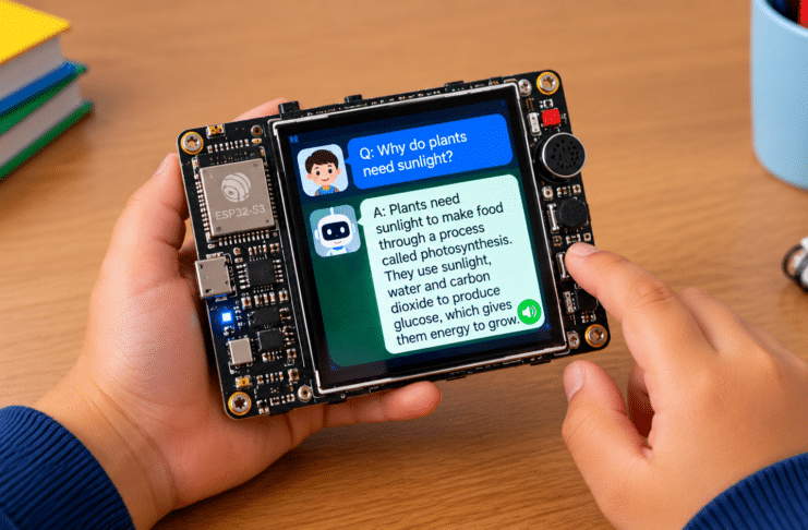 The board displays each question and answer on its touchscreen while speaking the response aloud. (AI illustration)