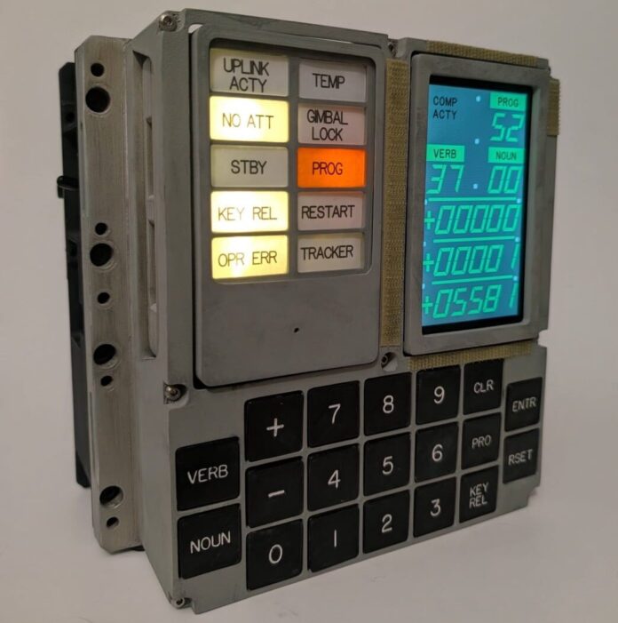 recreate-apollo-dsky-replica-studio-shot The finished build, with 3D-printed housing and a modern display behind the original panel layout. (Image: Michael Newton)