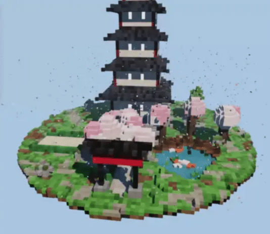A voxel pagoda garden written by the AI model itself, running locally through Strata on a consumer RTX 5070. (Image: Niko1221 / Strata GitHub repository)
