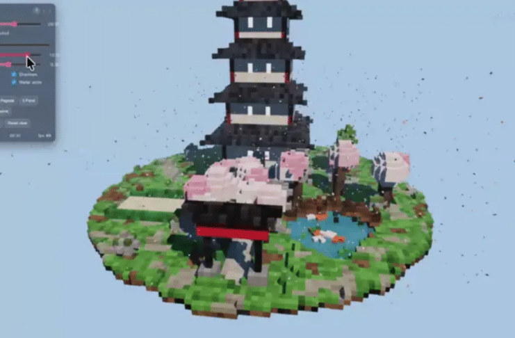 A voxel pagoda garden written by the AI model itself, running locally through Strata on a consumer RTX 5070. (Image: Niko1221 / Strata GitHub repository)