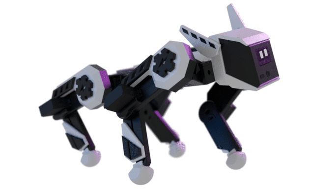 tny-360-robot-dog-side-view-684x385 The TNY-360’s design packs 12 servo-driven joints into a compact quadruped frame.