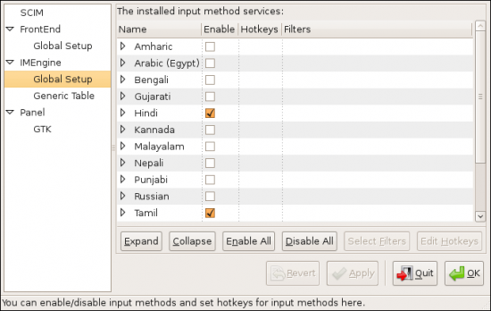 Figure 2: A list of input methods