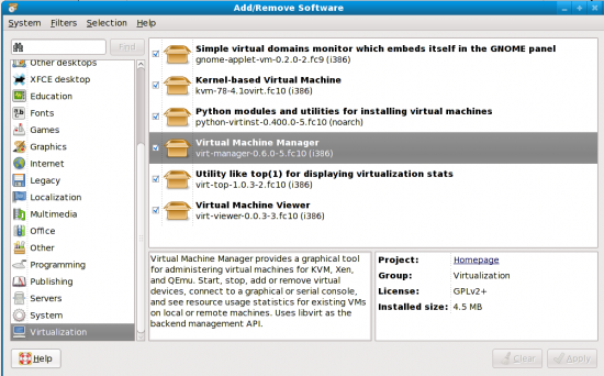 Figure 1: PackageKit: Where's Xen? It's only KVM