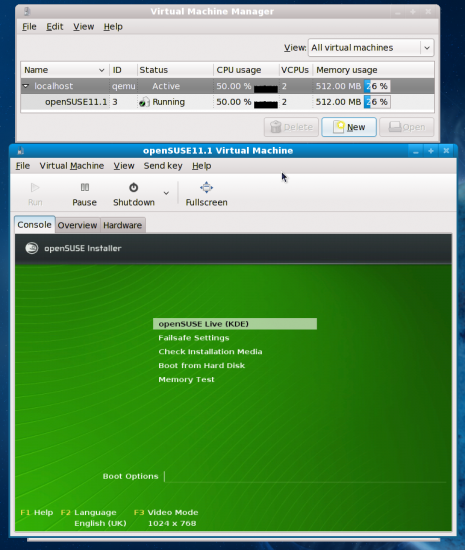 Figure 8: Virt-Manager booting the openSUSE 11.1 RC KDE live CD