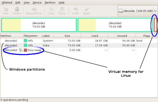 Figure 1: Hard disk A with a Windows partition and a virtial memory (swap) partition for Linux