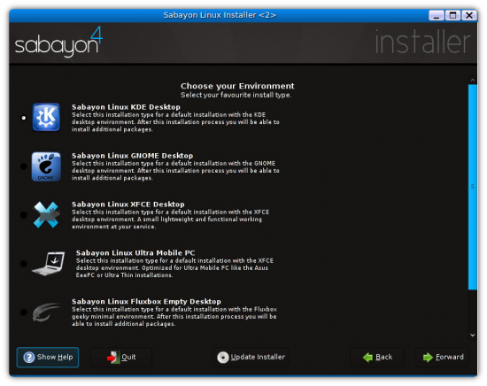 Figure 2: Desktop selection screen on Sabayon installer