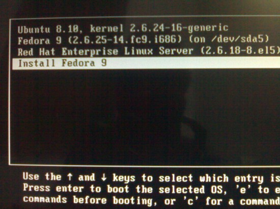 Figure 1: The "Install Fedora 9" GRUB entry