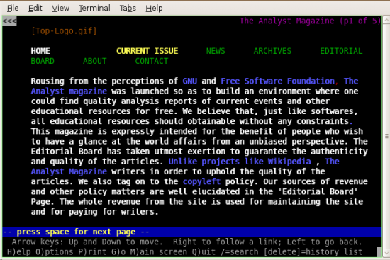 Figure 2: Home page of The Analyst magazine in Lynx