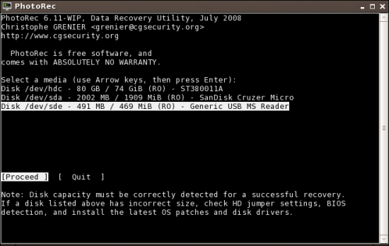 Figure 1: Choose the drive from which data has to be recovered 