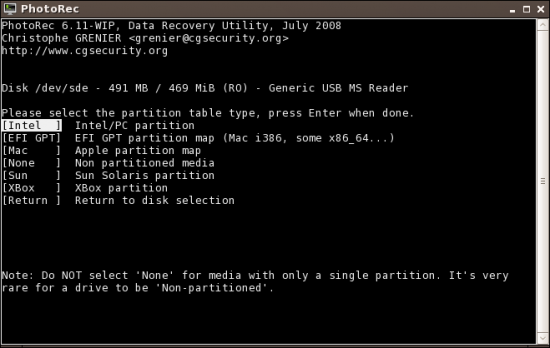 Figure 2: Choose the partition type